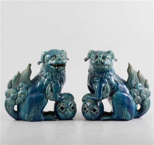 Lot 2 - A pair of Chinese porcelain models, Qilin, mottled blue glaze, unmarked, 19cm.