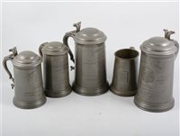 Lot 193 - Victorian pewter tankard, Pembroke College Scratch Pairs, 22cm, two other Pembroke College tankard, a Radley College tankard and a beaten pewter tankard, (5).