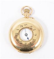 Lot 204 - A demi hunter fob watch, white enamel dial with an arabic numeral chapter ring (missing glass), in yellow metal outer and inner cases marked 18k