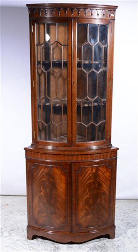 Lot 350 - Reproduction mahogany freestanding corner cupboard, cylinder front, two astragal glazed panelled doors to the upper section, two further doors below, width 80cm, height 192cm