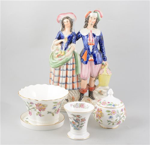 Lot 56 - Minton bone china jar, Haddon Hall pattern, 13cm; a similar planter, a fairing miniature teaset;  a Staffordshire group; a Staffordshire caster; Staffordshire dogs; a collection of Wedgwood and oth...