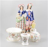 Lot 56 - Minton bone china jar, Haddon Hall pattern, 13cm; a similar planter, a fairing miniature teaset;  a Staffordshire group; a Staffordshire caster; Staffordshire dogs; a collection of Wedgwood and oth...