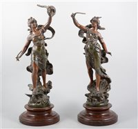 Lot 217 - Pair of French spelter figures, after L & F Moreau, La Fortune and La Perle, stained wood bases,  42cm