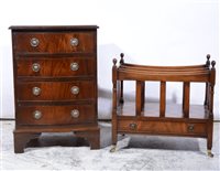 Lot 402 - Reproduction mahogany Canterbury, three open divisions, single drawer under, width 56cm; and a reproduction mahogany bowfront chest of drawers, width 50cm, (2)
