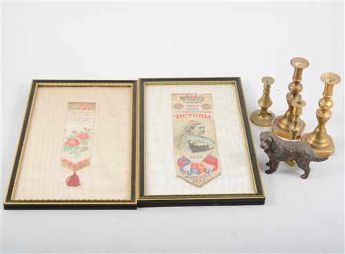 Lot 189 - Small collection of brass candlesticks and other items of small metalware, together with two copper warming pans, together with two Stevengraph silk work bookmarks.