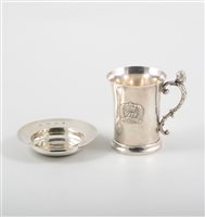 Lot 273 - Silver commemorative mug, Birmingham Mint, Sheffield 1977, cast scroll handle, 8oz, 12cm; an Armada dish, Wakely & Wheeler, London 1965, (2)