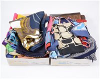 Lot 173 - Collections of vintage scarves, including silks and chiffon, two boxes.