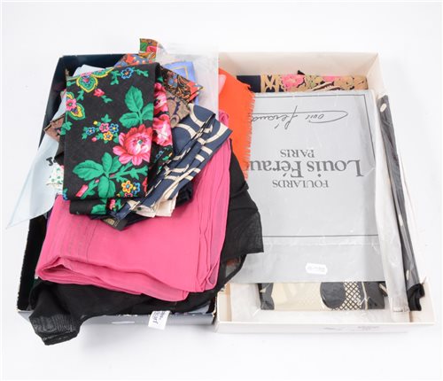 Lot 165 - Two boxes of scarves, polyester etc.including some by Camelia James.