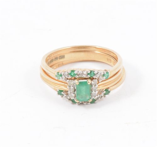 Lot 246 - Three emerald and diamond rings, two wishbone rings each set with four small emeralds and three small diamonds