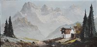 Lot 331 - Joel Yooyer (?), Alpine landscape with church,  oil on canvas, 41cm x 81cm.