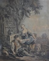 Lot 327 - After F Boucher, Dedie a Madame la Marechale, Duchess de Duras, coloured engraving, 57 x 41cm, together with a similar work.