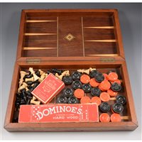 Lot 195 - Folding chess box, rosewood construction, with inlay lid, contents including chess pieces, draughts and dominoes