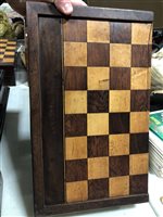 Lot 195 - Folding chess box, rosewood construction, with inlay lid, contents including chess pieces, draughts and dominoes
