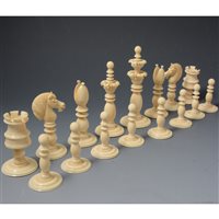 Lot 203 - An Ivory Calvert style chess set, circa 1850, 10cm king size, Lund type knights.