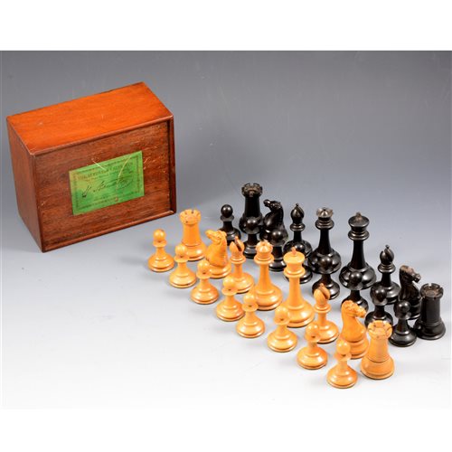 Lot 196 - The Staunton Chess Men, Jaques chess set, c1855 Anderson drop jaw knights, king size 8.6cm, in original box with label.