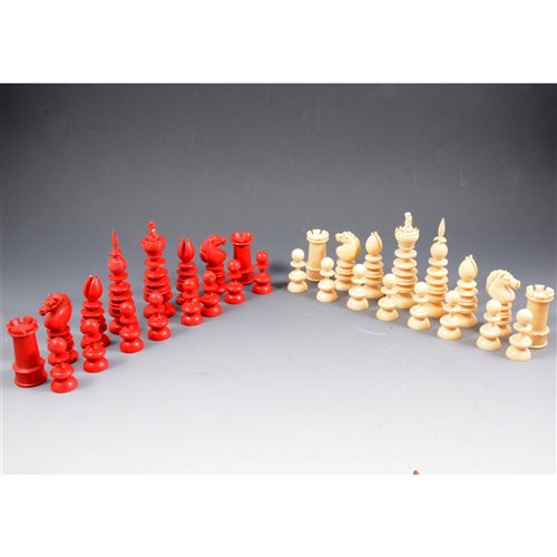 201 - Ivory chess set, in the style of Charles Hastilow, c1850, king size 10.9cm.
