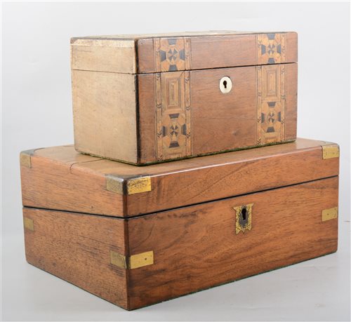 Lot 190 - Victorian walnut writing slope, brass mounts, 30cm, and a Victorian walnut and inlaid tea caddy, (2).