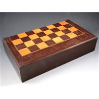 Lot 202 - Coromandel games box with chess, draughts, backgammon, cards and dice shakers, 47cm by 26cm closed.