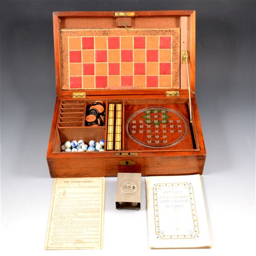 Lot 198 - Games box compendium, with draughts, backgammon, dominoes, chess pieces and board, lead horse figures, etc, 34cm wide, 20cm deep, 11cm tall.