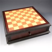 Lot 200 - Large chess board games box with 18th century style chess pieces, 37cm square.