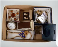 Lot 348 - A quantity of costume jewellery, brooches, earrings, necklaces, a metal Goliath pocket watch in travel case