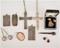 Lot 341 - A collection of silver jewellery, two silver ingots hallmarked London 1977 Jubilee Mark, a silver cased penknife with Jubilee Mark, heavy silver bark textured cross