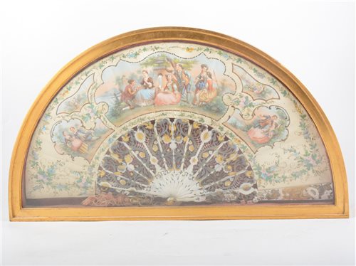 Lot 175 - A framed paper fan with mother-of-pearl sticks.