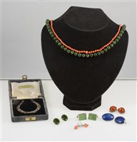 Lot 315 - Five pairs of earrings set with amber, coral, jadeite, sodalite and silver, screw/clip fittings,  three bead necklaces, coral, freshwater pearl with tigers eye