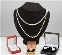 Lot 343 - A collection of pearl jewellery, a cultured pearl necklace with one hundred pearls graduating from 3.3m to 7mm, overall length 44cm, fastener marked 375