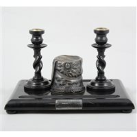 Lot 70 - A Victorian ebonised ink stand with silver busby inkwell by S Smith & Son, engraved plaque to front "From Major George Luck to Sergeant Major Henry Merrick"