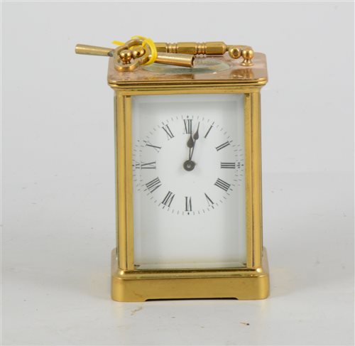 Lot 148 - Brass carriage clock, white enamelled dial, non striking movement, 12cm.