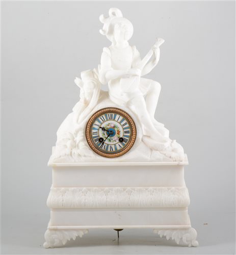 Lot 138 - Late 19th Century French alabaster mantel clock, figural case, cylinder striking movement, the case rebuilt, 45cm.