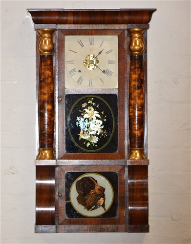 Lot 140 - Large American pillar clock, rosewood and painted case, decorated glazed panels, Seth Thomas movement striking on a gong, 82cm.