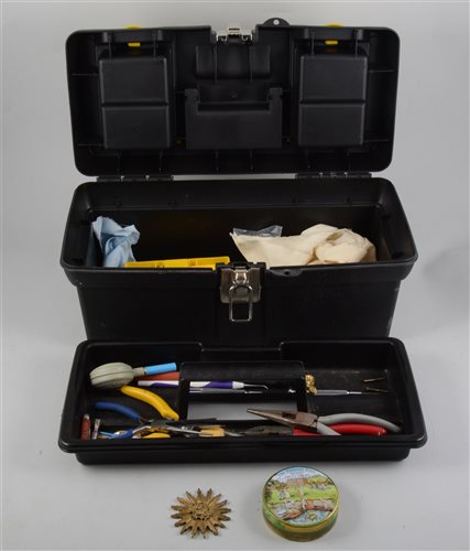 Lot 130 - Small toolbox of amateur clock repairers tools and various clock keys.