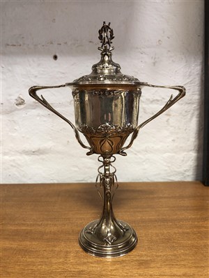 Lot 585 - A silver Art Nouveau style croquet trophy and cover, Mappin & Webb, Sheffield, 1929