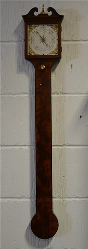 Lot 154 - Mahogany stick barometer, swan neck pediment, ebony strung outlines, square silvered dial, 99cm.