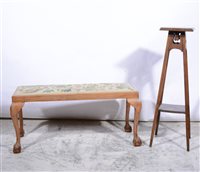 Lot 401 - Oak plant stand, height 91cm and a beech stool with woolwork drop in seat, (2).