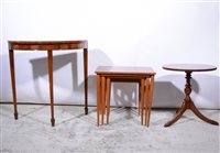 Lot 384 - Nest of three teak occasional tables, reproduction mahogany demi-lune table and a mahogany pedestal table, (3).
