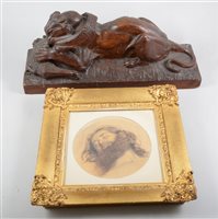 Lot 185 - Softwood carving, Jaguar and a Crocodile, rectangular plinth, 43cm; F. Smallfield, Head of Christ, watercolour, signed, dated 1860, diameter, 15cm.