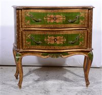 Lot 360 - Venetian style carved and painted commode, serpentine top, two drawers, shaped apron, cabriole legs, width 80cm, depth 39cm, height 75cm.