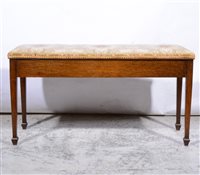Lot 408 - Modern oak joint stool, rectangular top, nulled frieze, turned legs joined by rails, 45cm; another; oak drop-leaf table; oak long stool; oak stool with woolwork top.