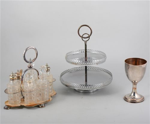 Lot 174 - Silver plated cruet, with six cut glass bottles, other silver plate and metalware.