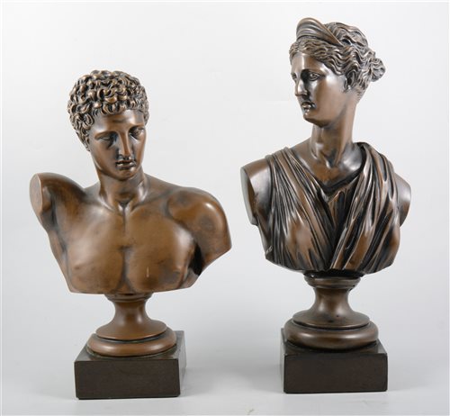 Lot 218 - A bronzed bust, head and shoulders of a Roman man, square plinth, 31cm, and a similar bust of a Roman lady, 36cm, (2).