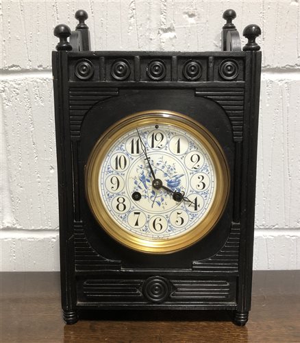 Lot 133 - Aesthetic movement bracket clock, ebonised case, circular dial, cylinder movement striking on a gong, 35cm.