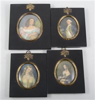 Lot 156 - Four printed portrait miniature prints, in ebonised frames, (4).