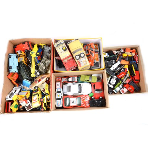 Lot 129 - Diecast model cars and vehicles, Corgi and other makers, from the 1970s and 1980s, all loose, in four trays.
