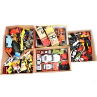 Lot 129 - Diecast model cars and vehicles, Corgi and other makers, from the 1970s and 1980s, all loose, in four trays.