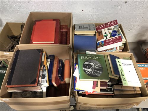 Lot 130 - Four boxes of assorted reference and fiction books.