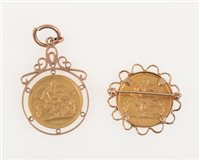 Lot 305 - Two Half Sovereigns in mounts, George V 1914, claw set in a wire edge brooch mount 25mm diameter, approximate weight 6gms