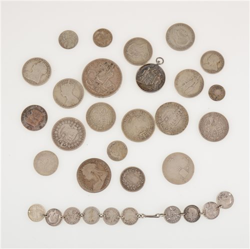 Lot 306 - A collection of mostly silver Victorian coins and a bracelet, silver medallion, worn condition, (34)